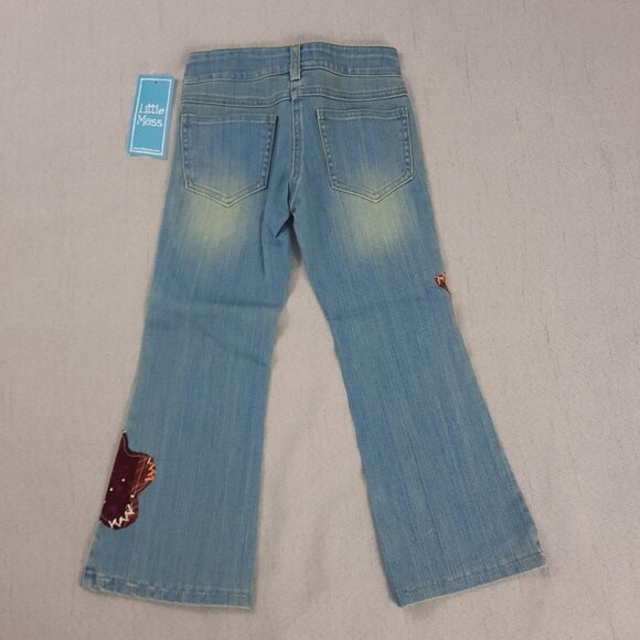 Little Mass Girls Outfit 4 White Graphic Top & Blue Patchwork Flare Jeans Y2K - Picture 6 of 16